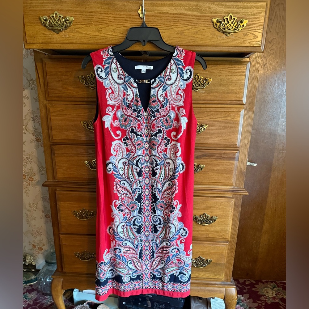Studio One Red and Black Paisley Midi Dress